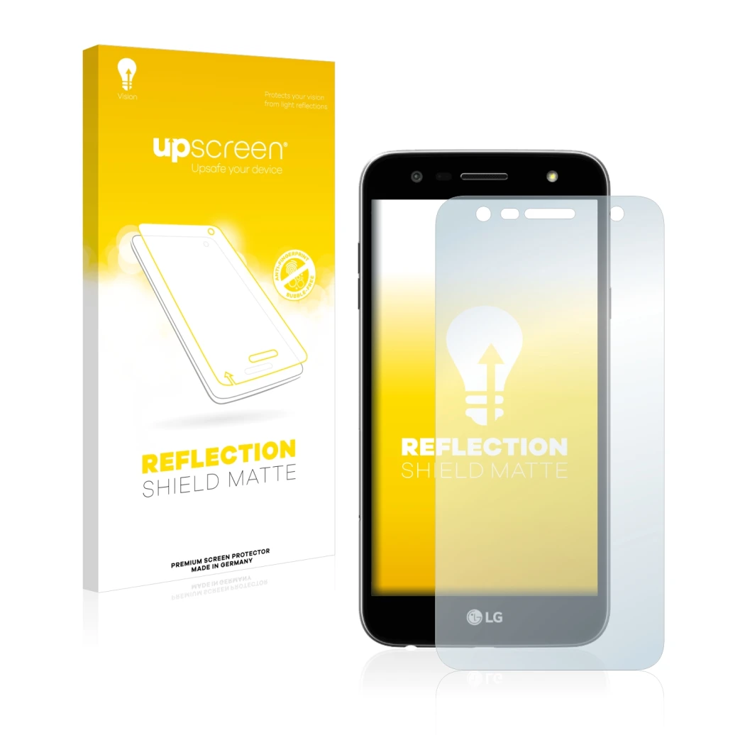 Parte frontale di una confezione del prodotto con il logo del marchio upscreen. Accanto è raffigurato il dispositivo LG X Powe