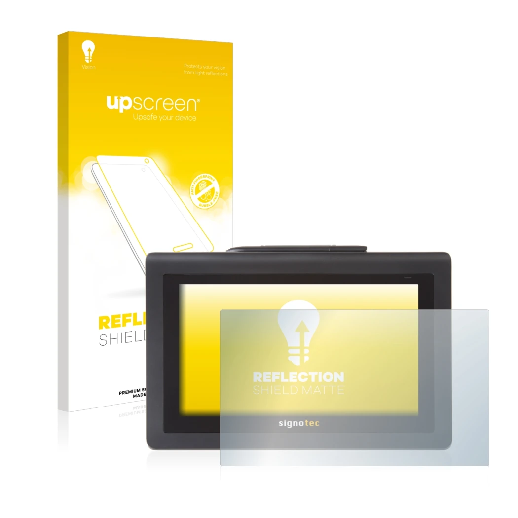 Parte frontale di una confezione del prodotto con il logo del marchio upscreen. Accanto è raffigurato il dispositivo Signotec 