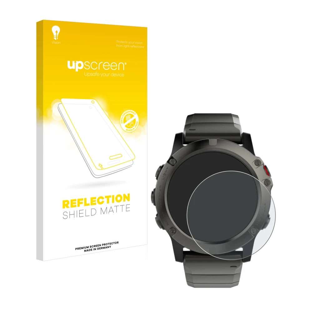 Parte frontale di una confezione del prodotto con il logo del marchio upscreen. Accanto è raffigurato il dispositivo Garmin Fe