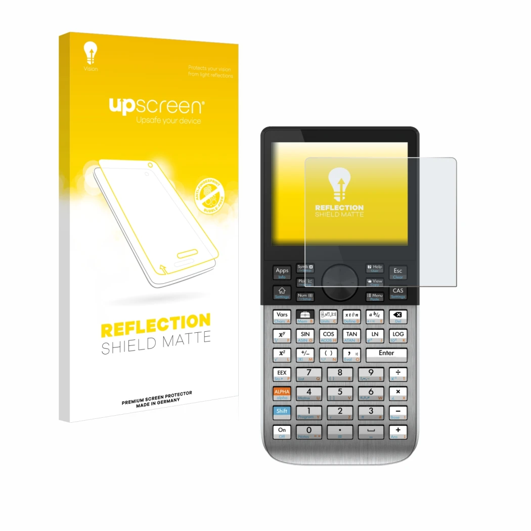 Parte frontale di una confezione del prodotto con il logo del marchio upscreen. Accanto è raffigurato il dispositivo HP Prime