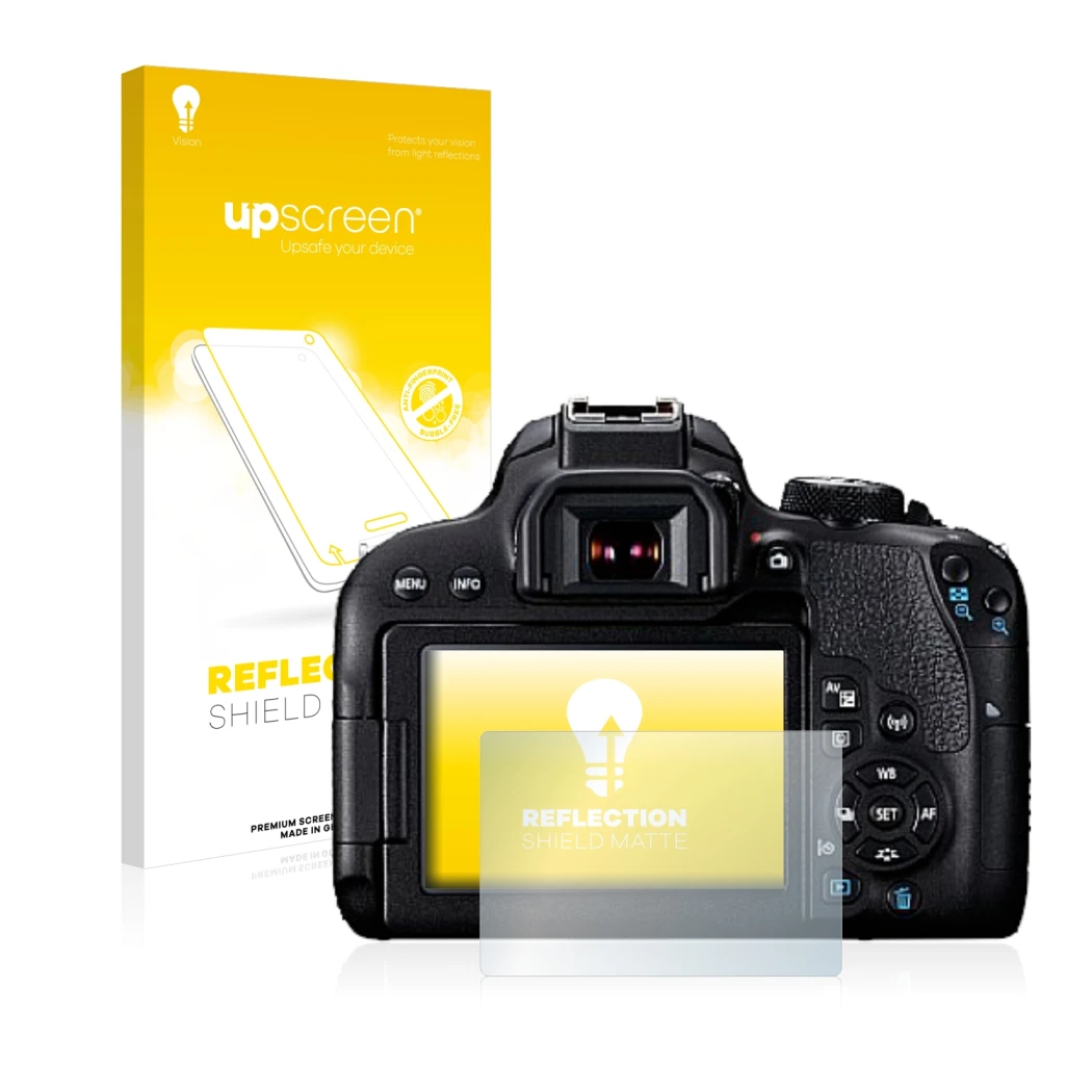 Parte frontale di una confezione del prodotto con il logo del marchio upscreen. Accanto è raffigurato il dispositivo Canon EOS