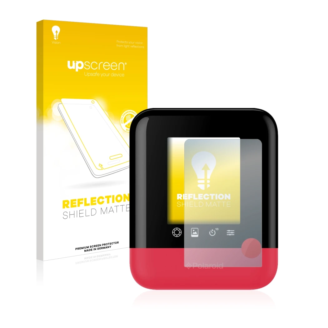 Parte frontale di una confezione del prodotto con il logo del marchio upscreen. Accanto è raffigurato il dispositivo Polaroid