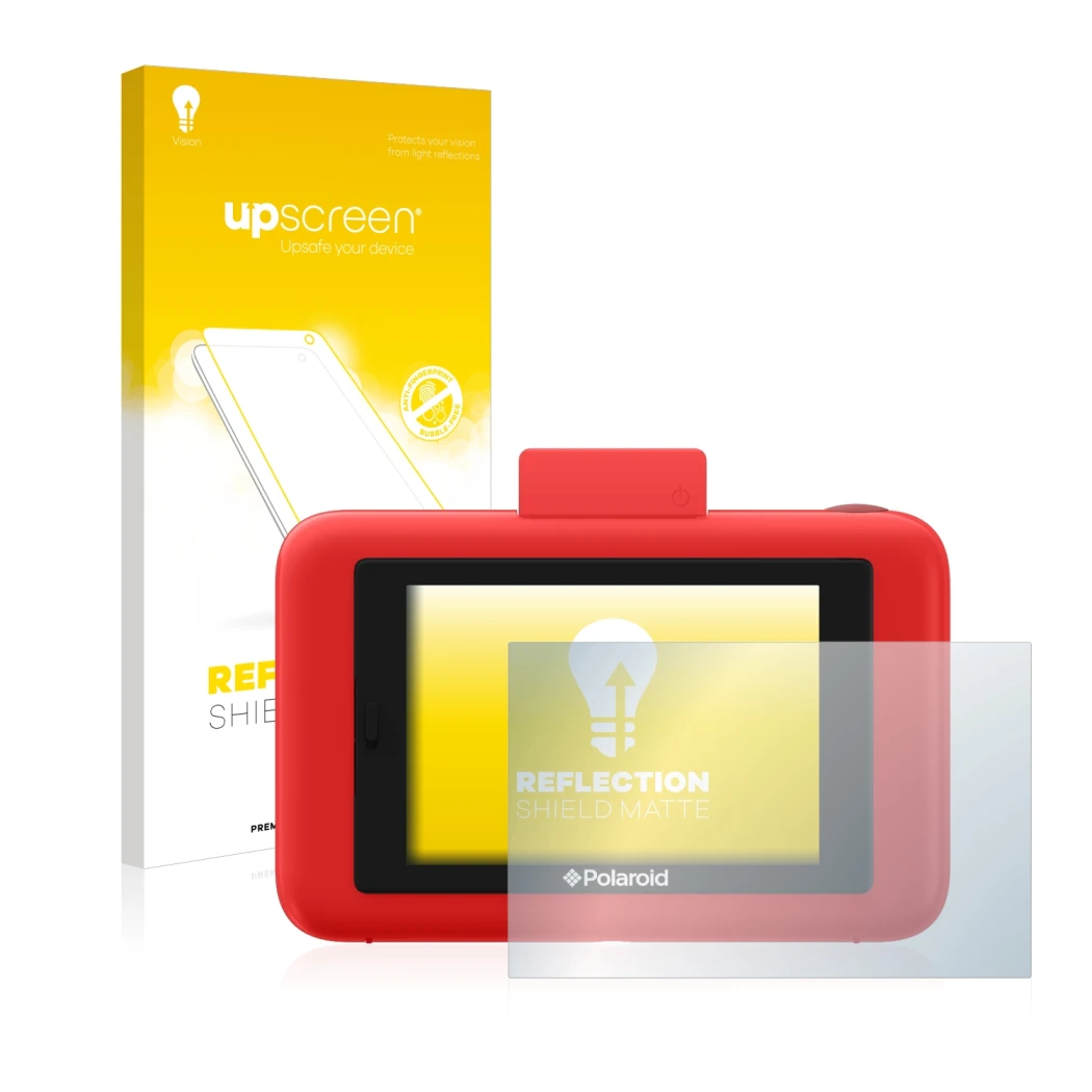 Parte frontale di una confezione del prodotto con il logo del marchio upscreen. Accanto è raffigurato il dispositivo Polaroid 