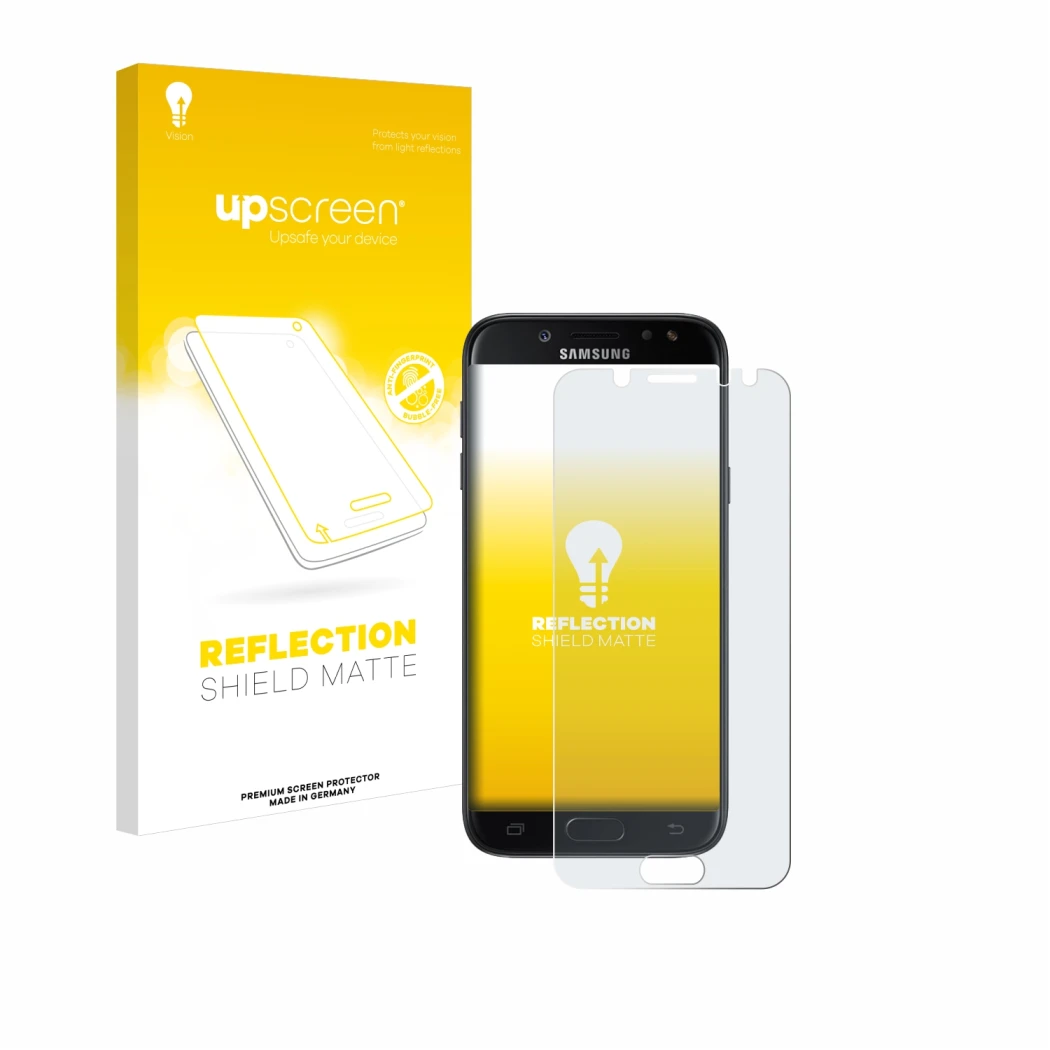 Parte frontale di una confezione del prodotto con il logo del marchio upscreen. Accanto è raffigurato il dispositivo Samsung G