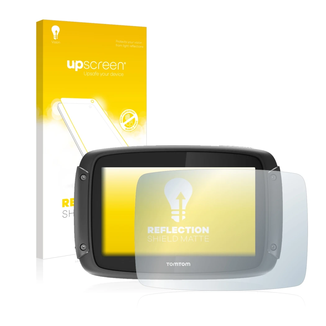 Parte frontale di una confezione del prodotto con il logo del marchio upscreen. Accanto è raffigurato il dispositivo TomTom Ri