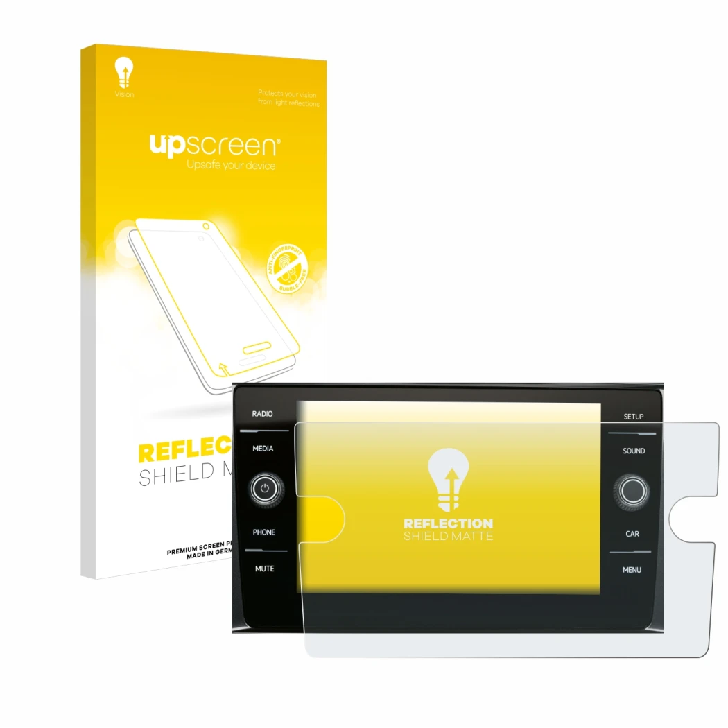 Parte frontale di una confezione del prodotto con il logo del marchio upscreen. Accanto è raffigurato il dispositivo Volkswage