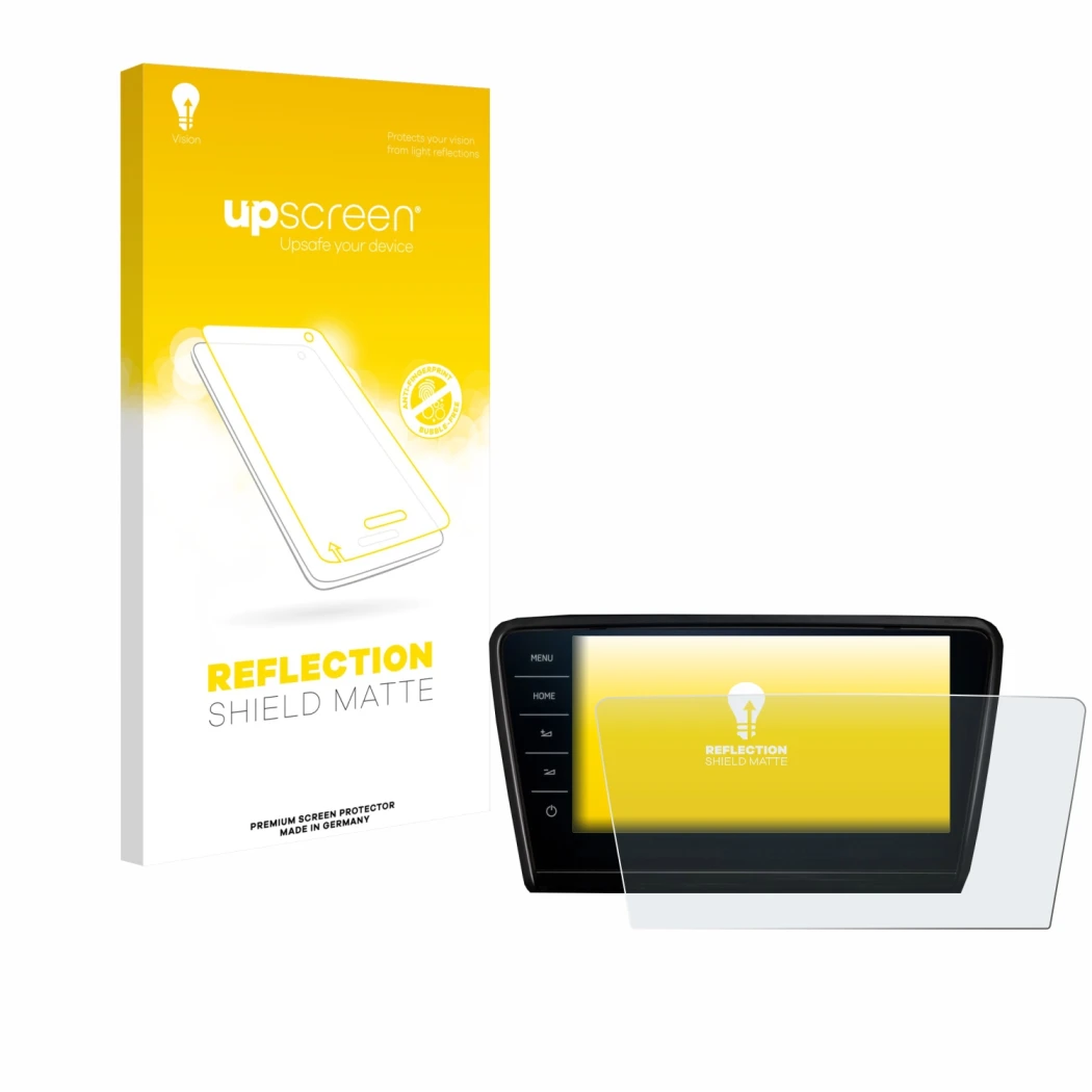 Parte frontale di una confezione del prodotto con il logo del marchio upscreen. Accanto è raffigurato il dispositivo Skoda Oct