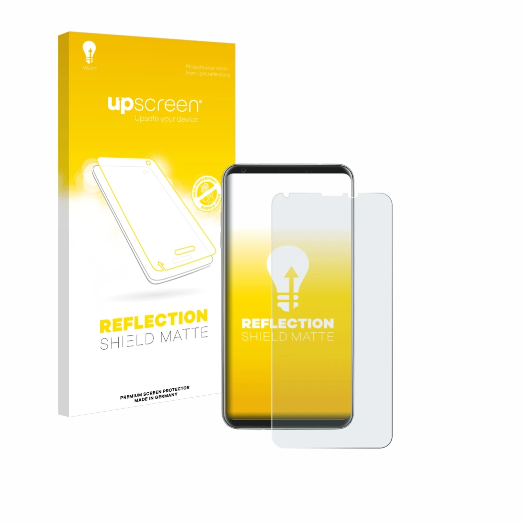 Parte frontale di una confezione del prodotto con il logo del marchio upscreen. Accanto è raffigurato il dispositivo LG V30 co
