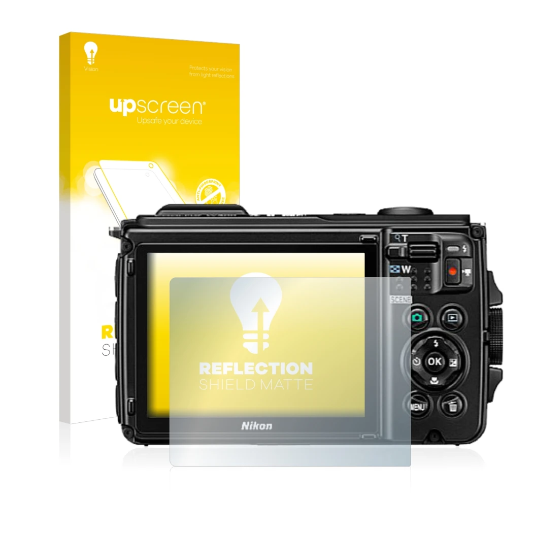 Parte frontale di una confezione del prodotto con il logo del marchio upscreen. Accanto è raffigurato il dispositivo Nikon Coo