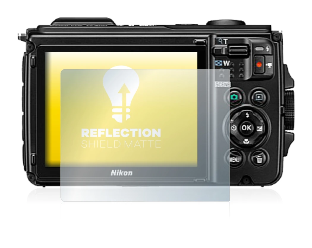 Immagine del dispositivo Nikon Coolpix W300 con un'ampia varietà di protezioni per lo schermo.