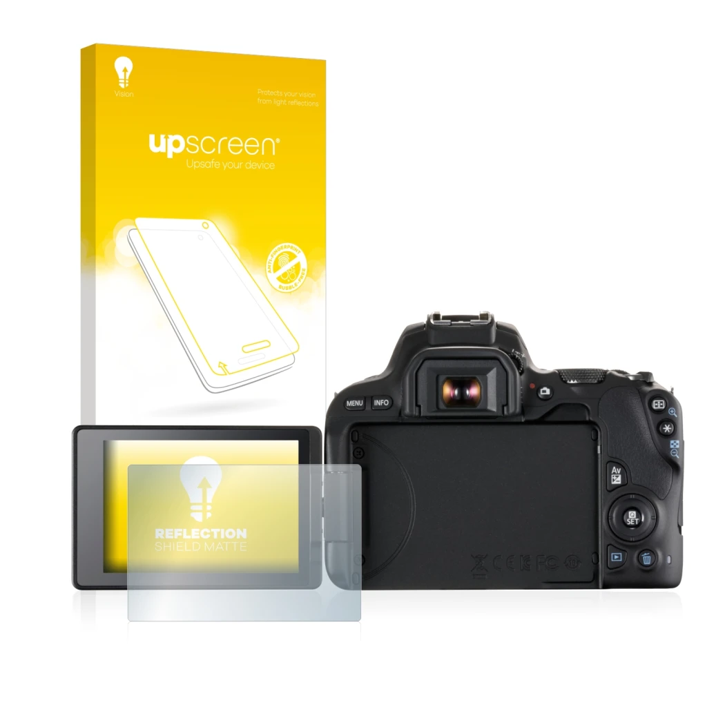 Parte frontale di una confezione del prodotto con il logo del marchio upscreen. Accanto è raffigurato il dispositivo Canon EOS