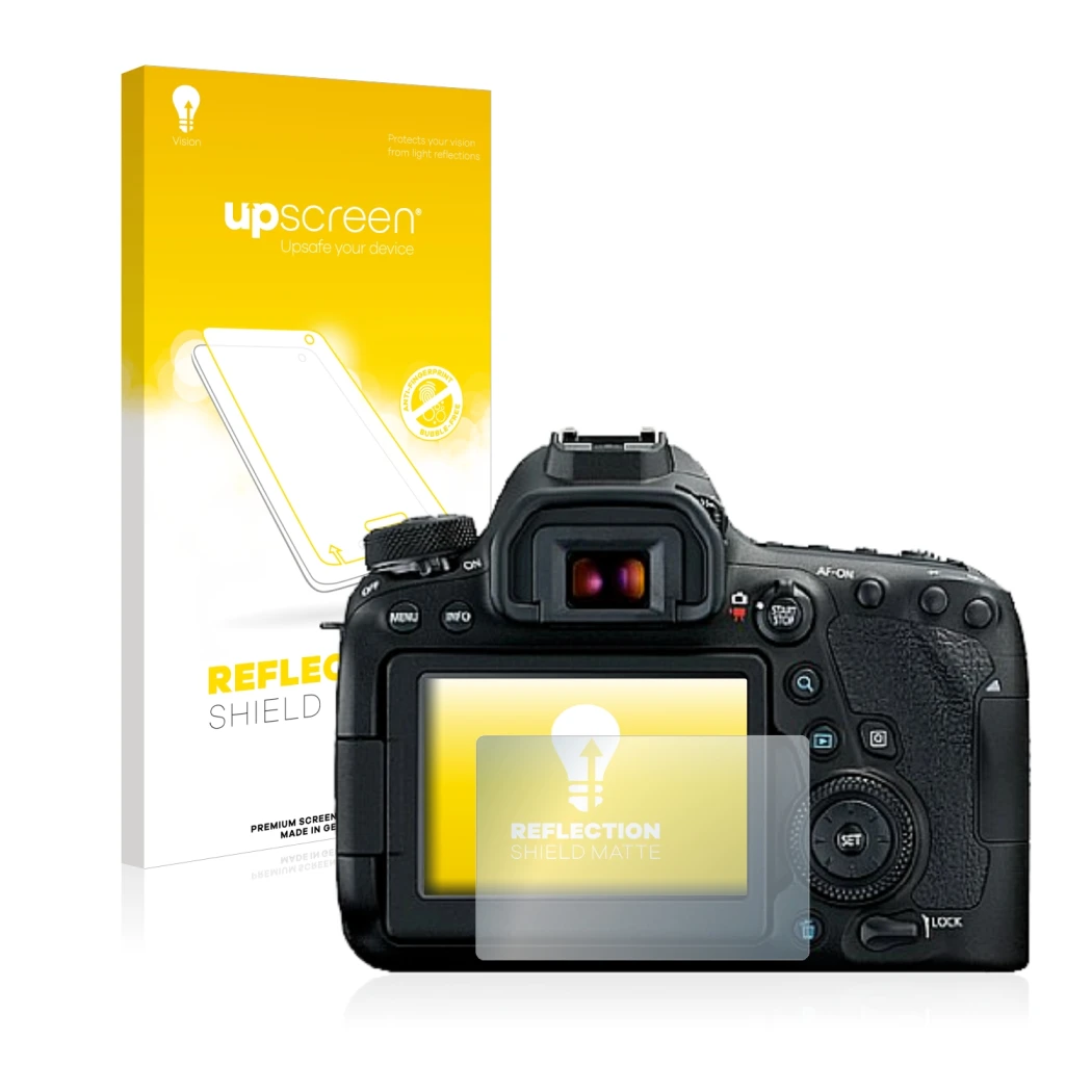 Parte frontale di una confezione del prodotto con il logo del marchio upscreen. Accanto è raffigurato il dispositivo Canon EOS