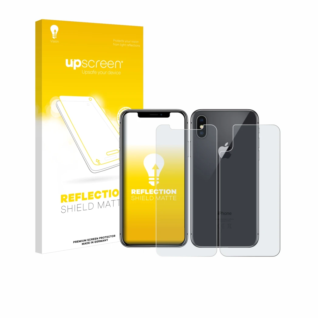 Parte frontale di una confezione del prodotto con il logo del marchio upscreen. Accanto è raffigurato il dispositivo Apple iPh
