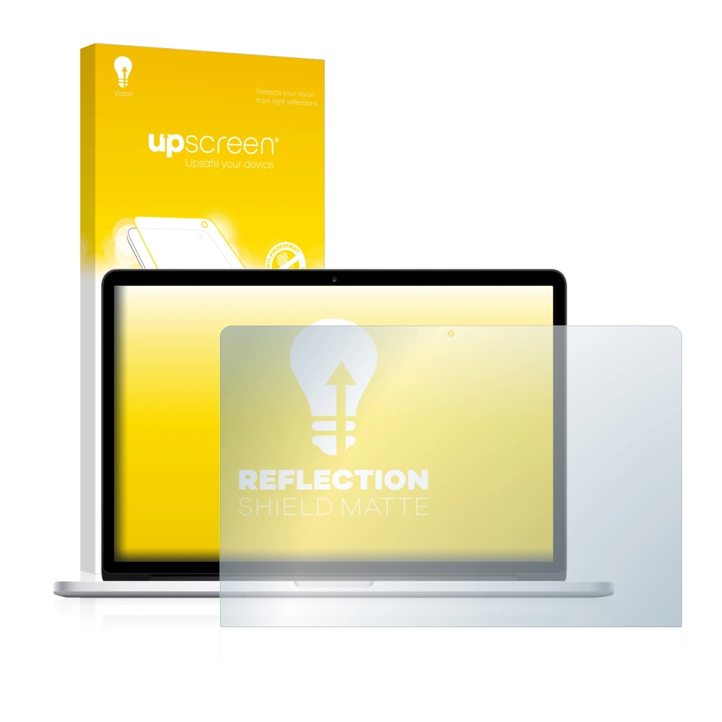 Parte frontale di una confezione del prodotto con il logo del marchio upscreen. Accanto è raffigurato il dispositivo Apple Mac