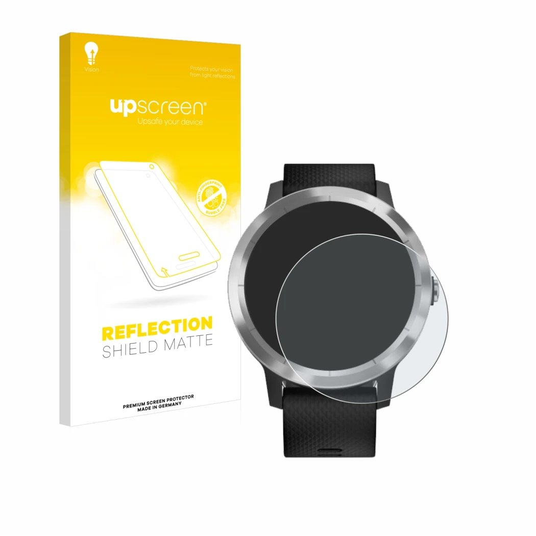 Parte frontale di una confezione del prodotto con il logo del marchio upscreen. Accanto è raffigurato il dispositivo Garmin vi