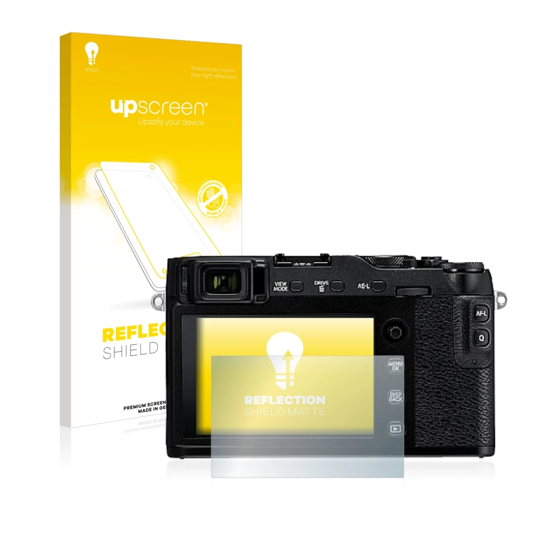 Parte frontale di una confezione del prodotto con il logo del marchio upscreen. Accanto è raffigurato il dispositivo Fujifilm