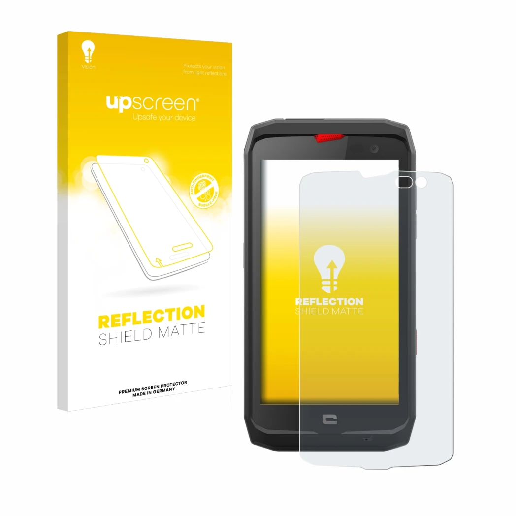 Parte frontale di una confezione del prodotto con il logo del marchio upscreen. Accanto è raffigurato il dispositivo Crosscall