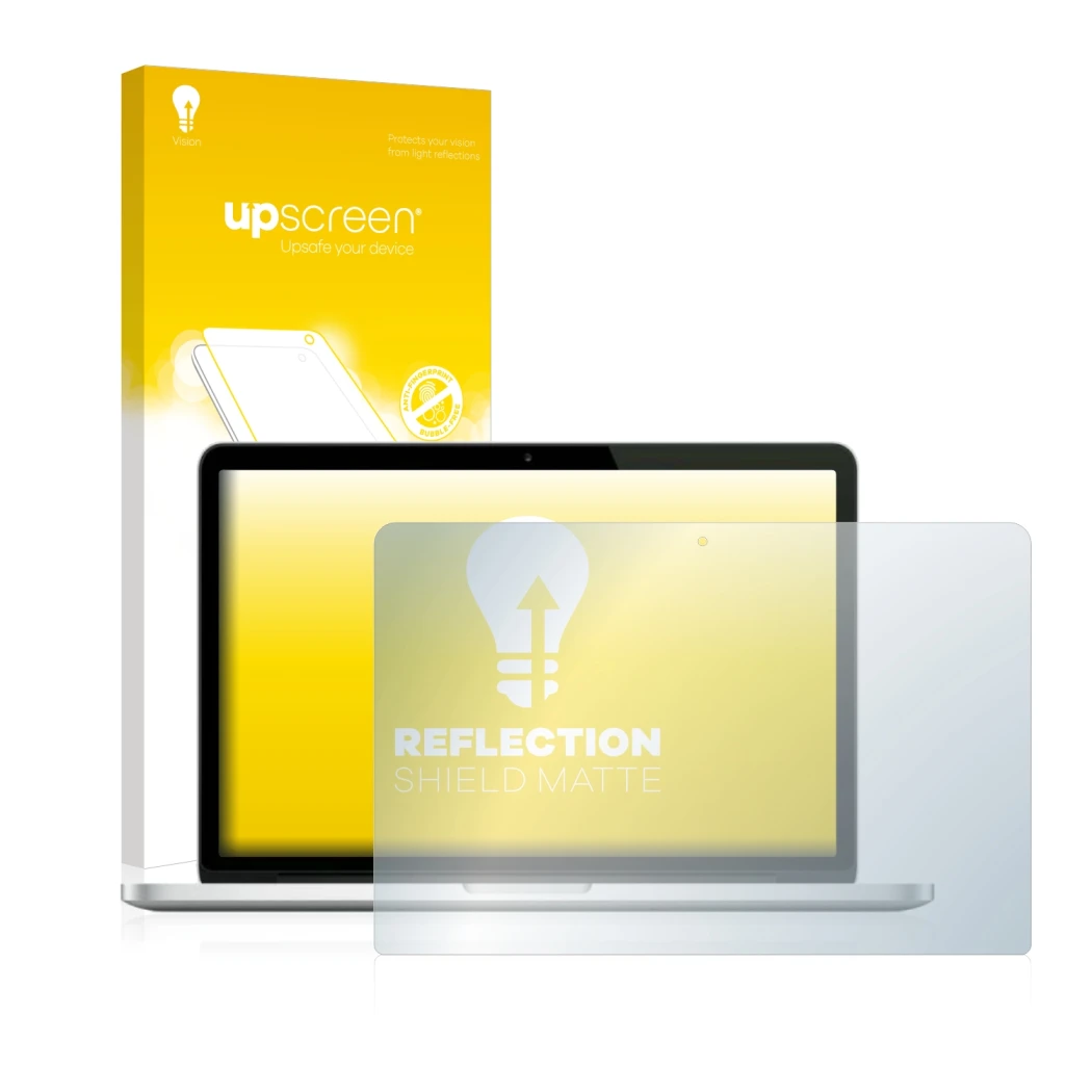 Parte frontale di una confezione del prodotto con il logo del marchio upscreen. Accanto è raffigurato il dispositivo Apple Mac