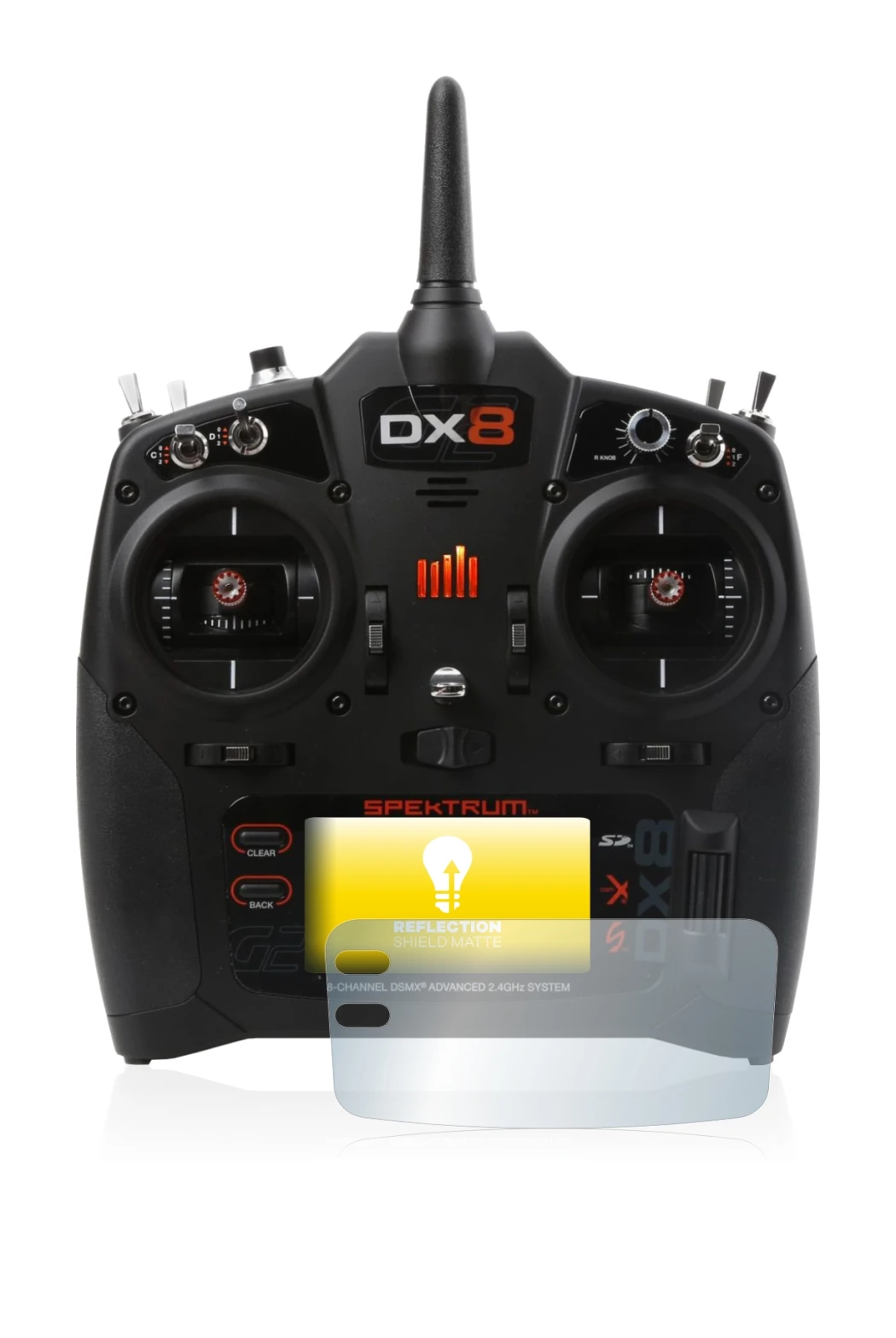 Immagine del dispositivo Spektrum DX8 G2 con un'ampia varietà di protezioni per lo schermo.