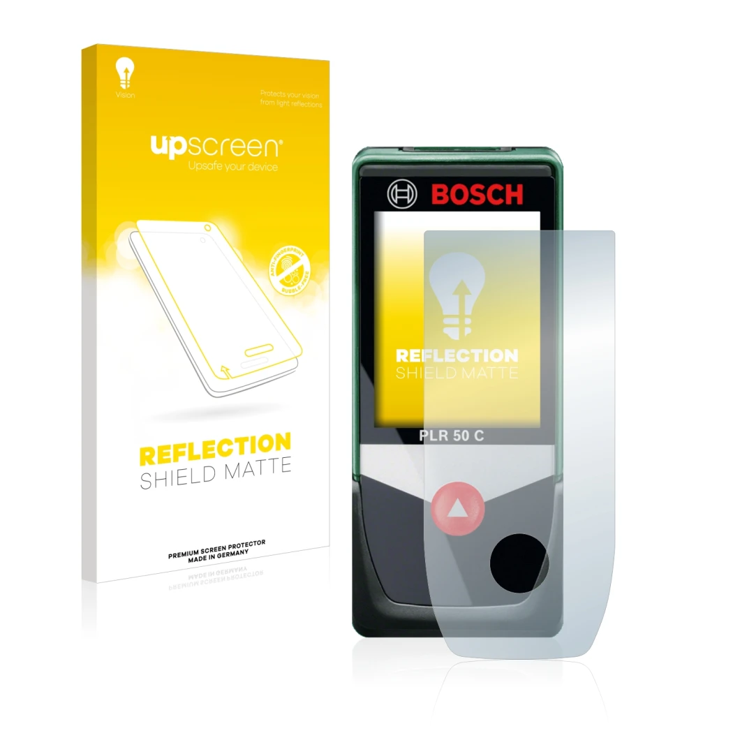 Parte frontale di una confezione del prodotto con il logo del marchio upscreen. Accanto è raffigurato il dispositivo Bosch PLR