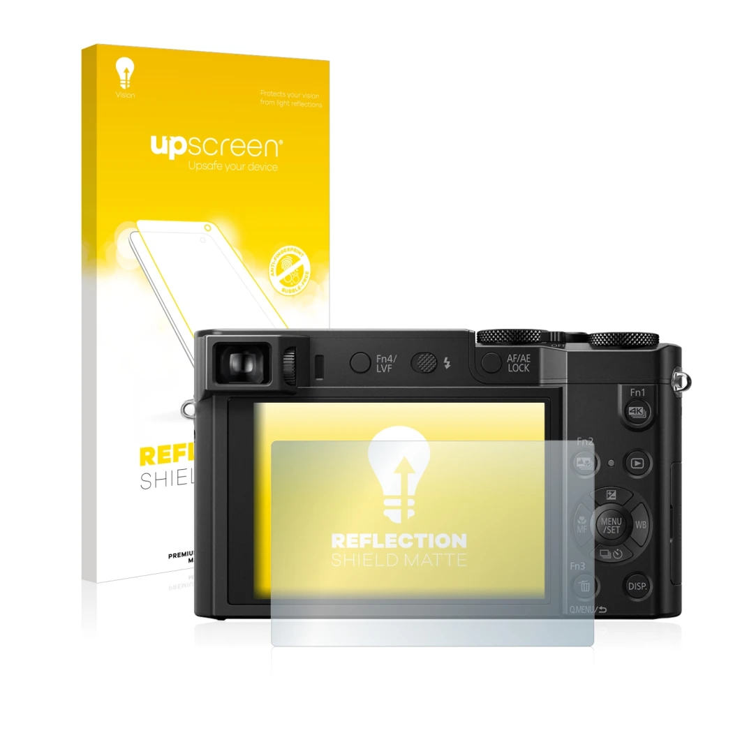 Parte frontale di una confezione del prodotto con il logo del marchio upscreen. Accanto è raffigurato il dispositivo Panasonic