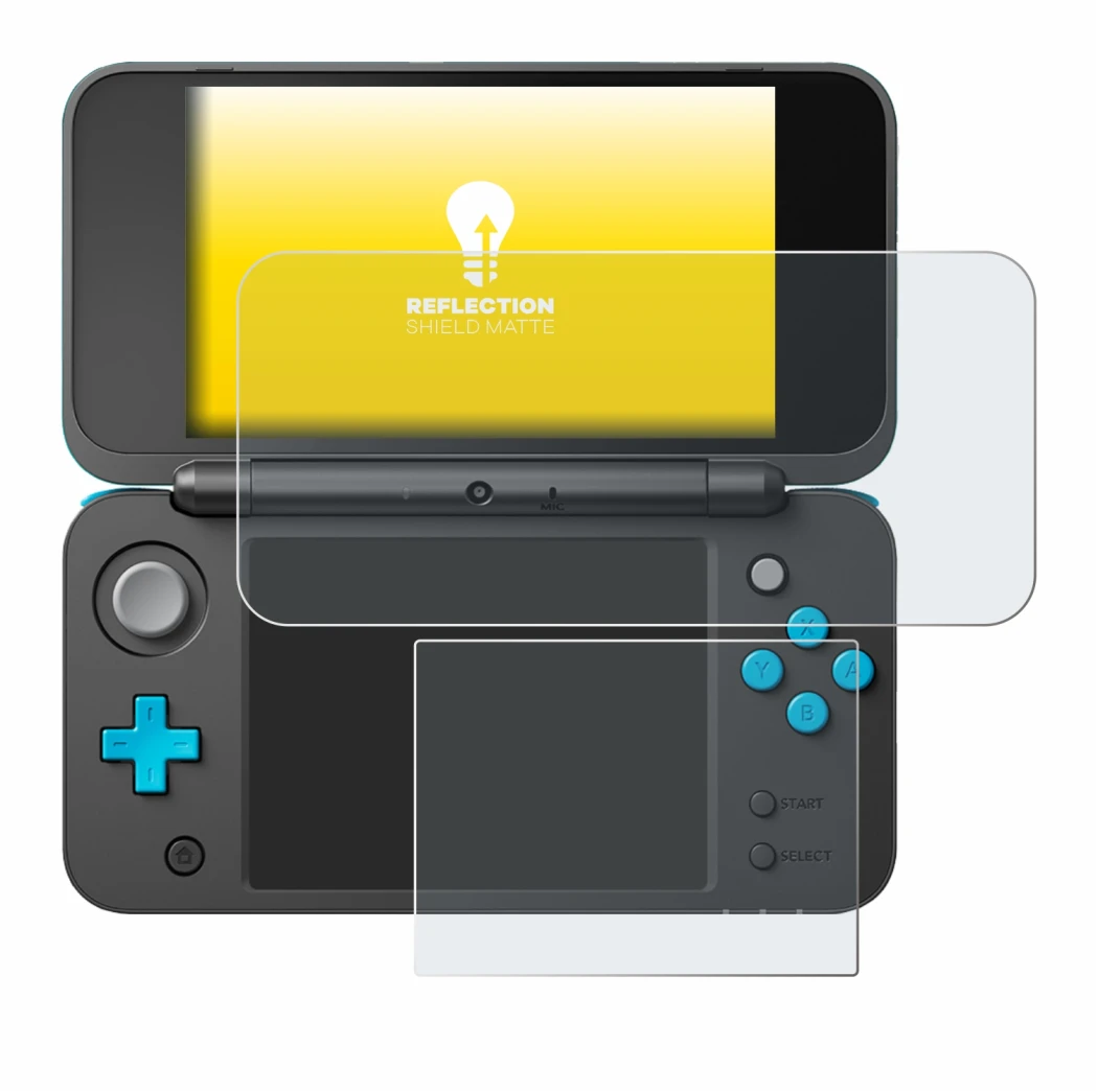Immagine del dispositivo New Nintendo 2DS XL con un'ampia varietà di protezioni per lo schermo.
