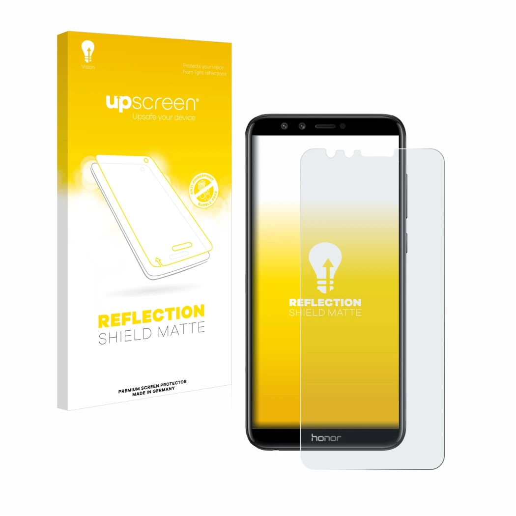 Parte frontale di una confezione del prodotto con il logo del marchio upscreen. Accanto è raffigurato il dispositivo Honor 9 L