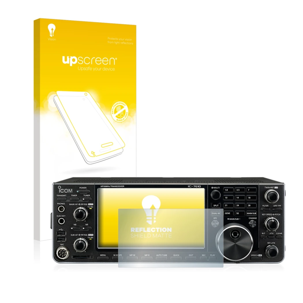 Parte frontale di una confezione del prodotto con il logo del marchio upscreen. Accanto è raffigurato il dispositivo Icom IC-7