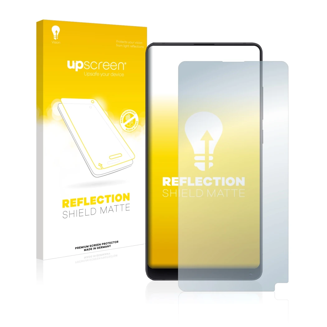 Parte frontale di una confezione del prodotto con il logo del marchio upscreen. Accanto è raffigurato il dispositivo Xiaomi Mi