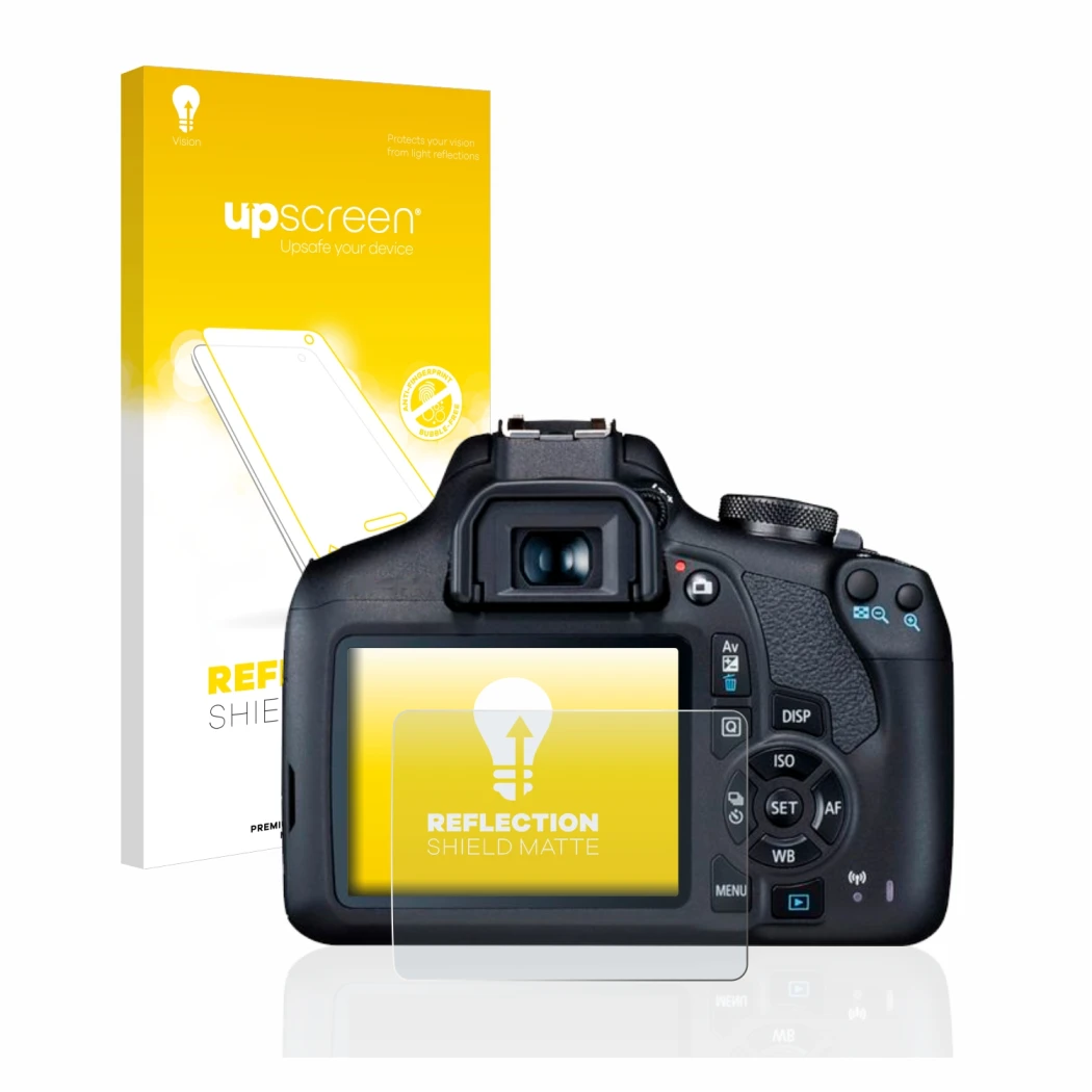 Parte frontale di una confezione del prodotto con il logo del marchio upscreen. Accanto è raffigurato il dispositivo Canon EOS