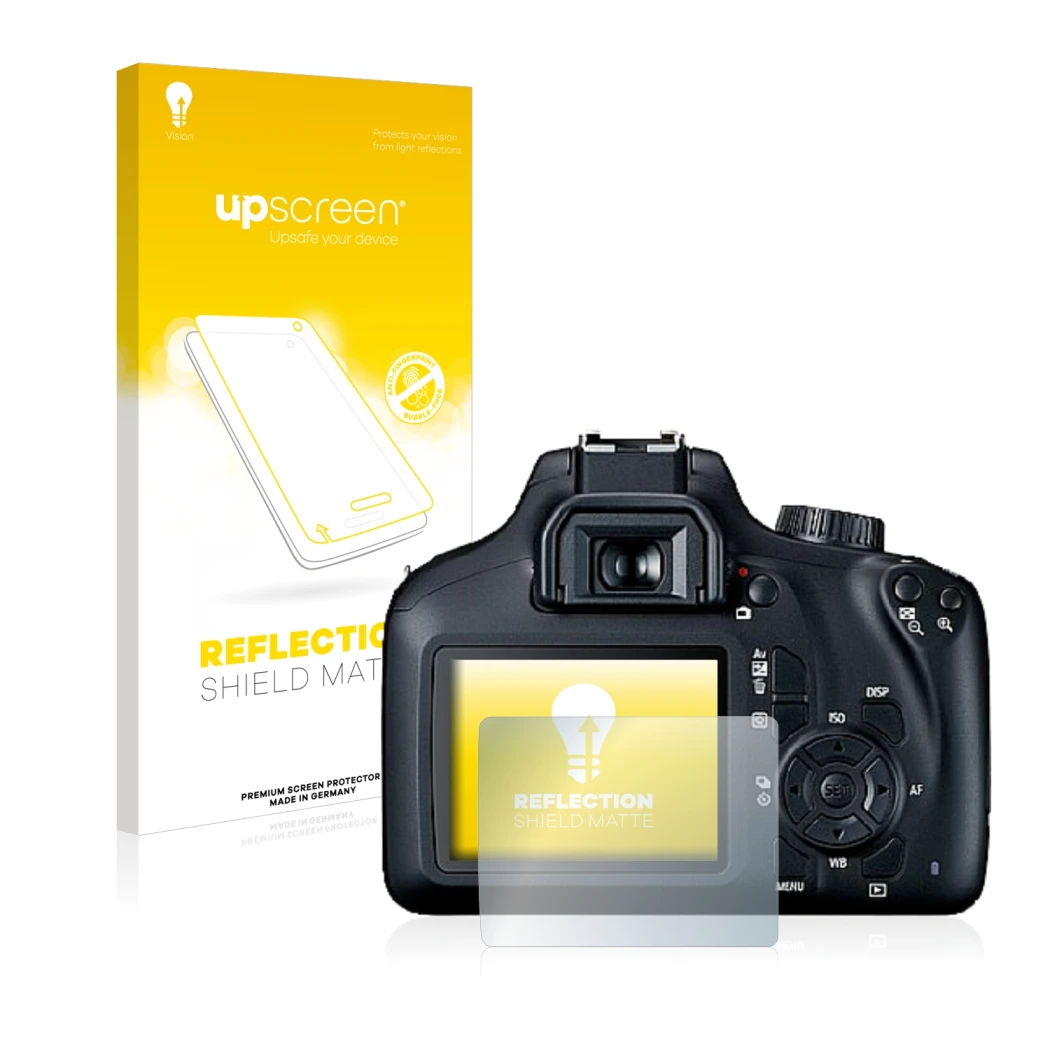 Parte frontale di una confezione del prodotto con il logo del marchio upscreen. Accanto è raffigurato il dispositivo Canon EOS
