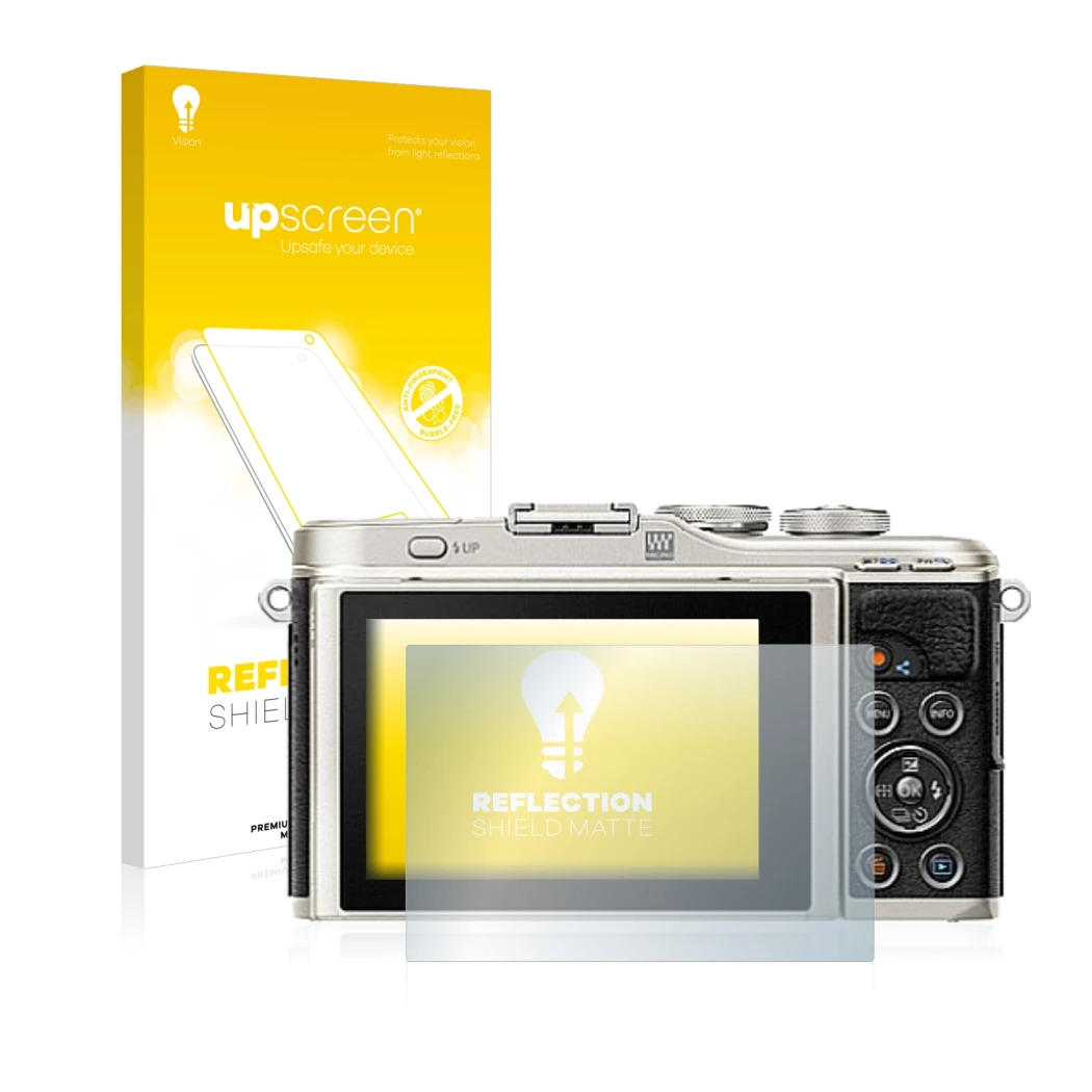 Parte frontale di una confezione del prodotto con il logo del marchio upscreen. Accanto è raffigurato il dispositivo Olympus P