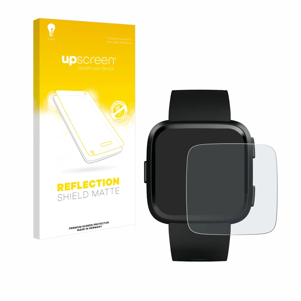 Parte frontale di una confezione del prodotto con il logo del marchio upscreen. Accanto è raffigurato il dispositivo Fitbit Ve