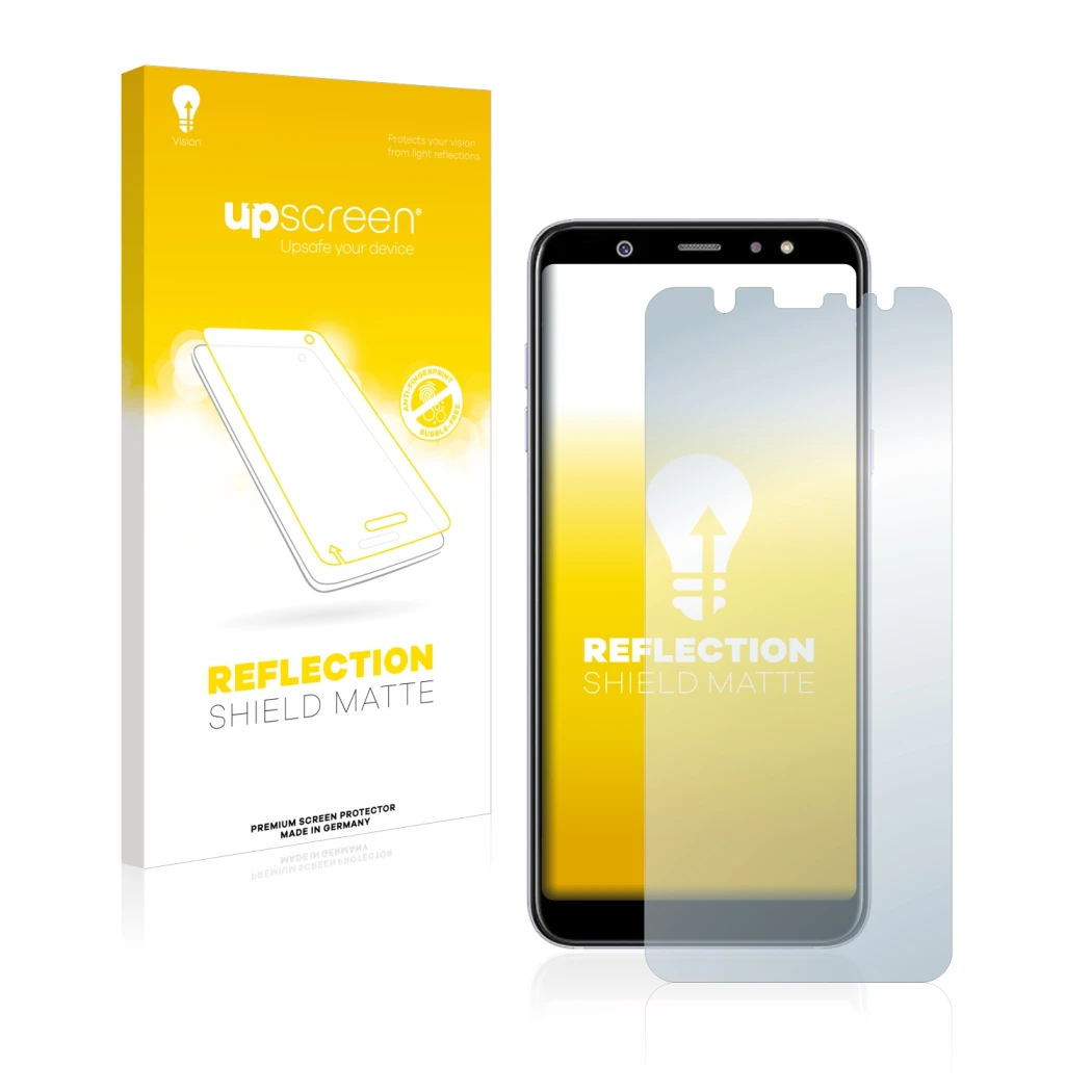 Parte frontale di una confezione del prodotto con il logo del marchio upscreen. Accanto è raffigurato il dispositivo Samsung G