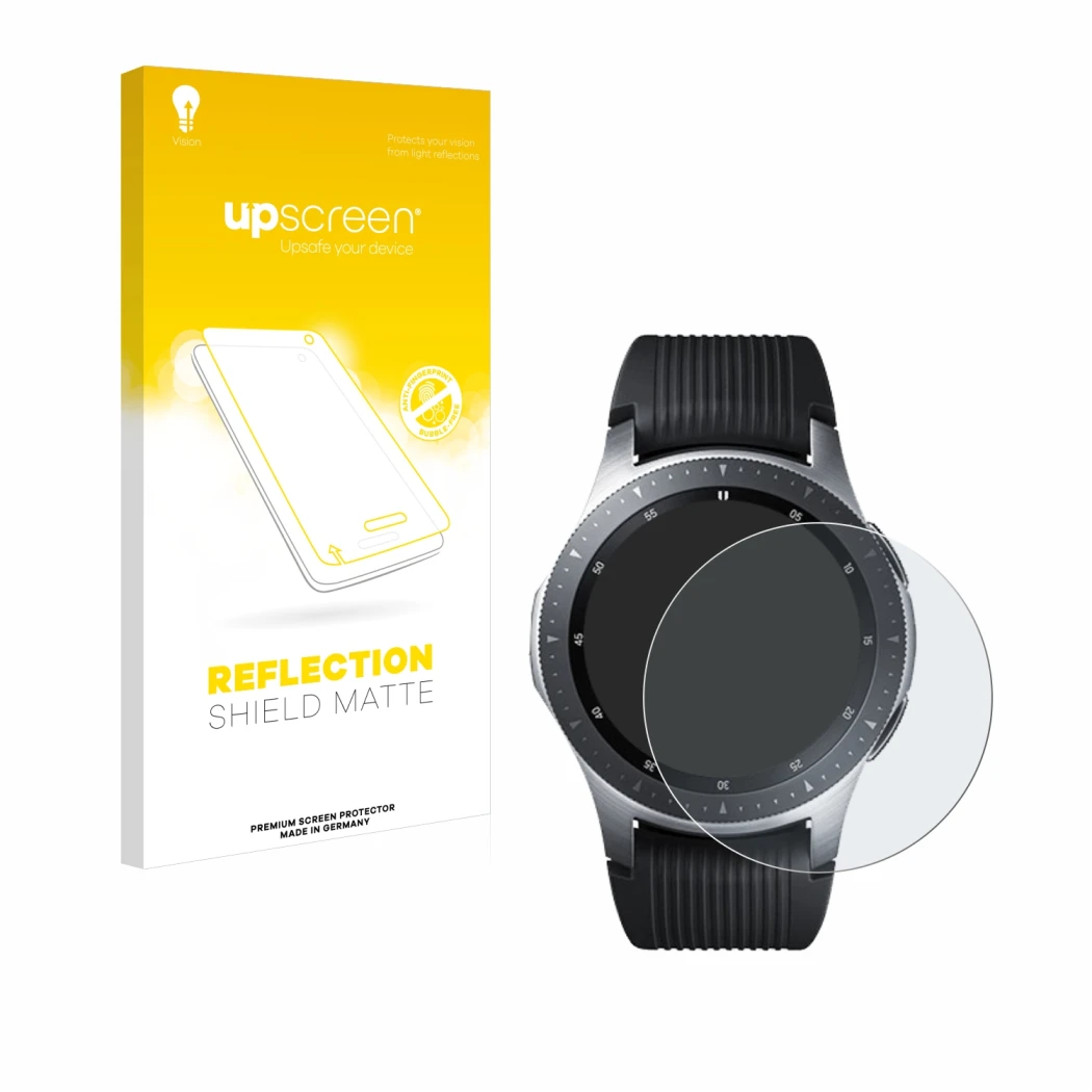 Parte frontale di una confezione del prodotto con il logo del marchio upscreen. Accanto è raffigurato il dispositivo Samsung G