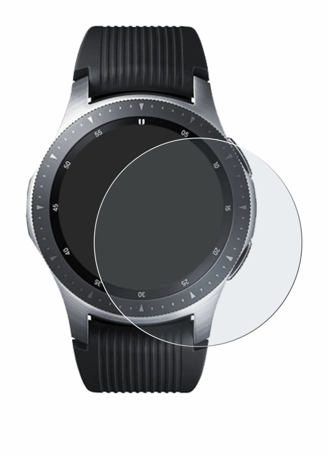 Immagine del dispositivo Samsung Galaxy Watch (46 mm) con un'ampia varietà di protezioni per lo schermo.