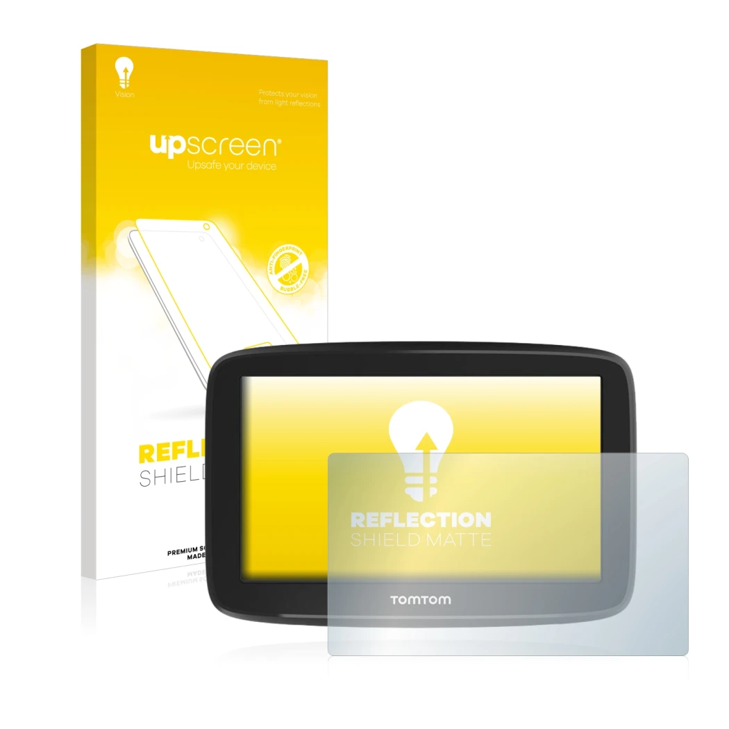 Parte frontale di una confezione del prodotto con il logo del marchio upscreen. Accanto è raffigurato il dispositivo TomTom GO