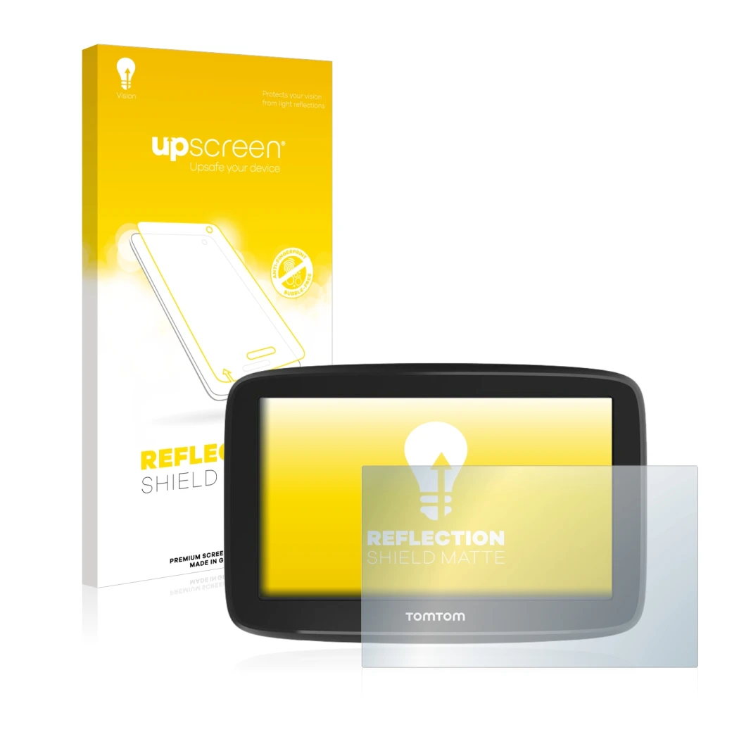 Parte frontale di una confezione del prodotto con il logo del marchio upscreen. Accanto è raffigurato il dispositivo TomTom GO