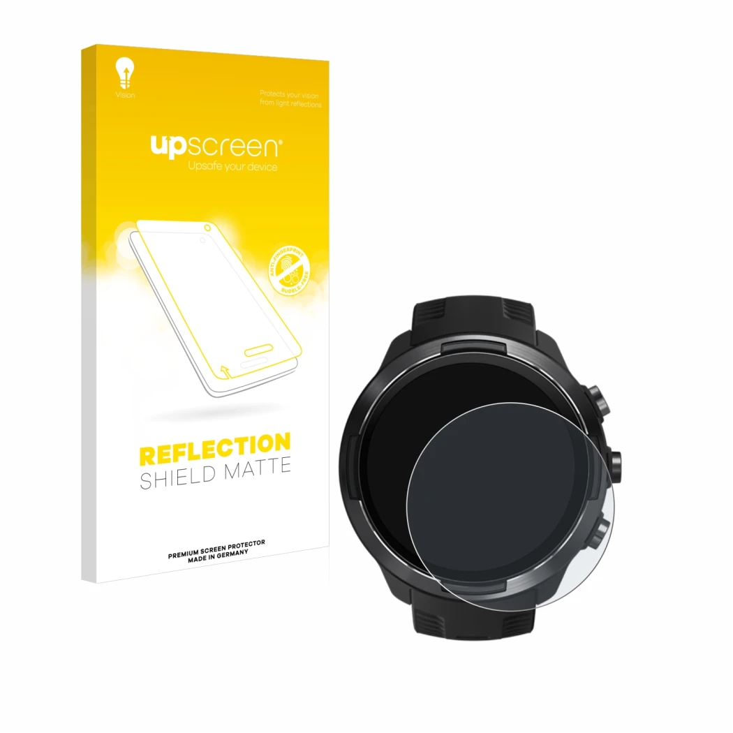 Parte frontale di una confezione del prodotto con il logo del marchio upscreen. Accanto è raffigurato il dispositivo Suunto 9 