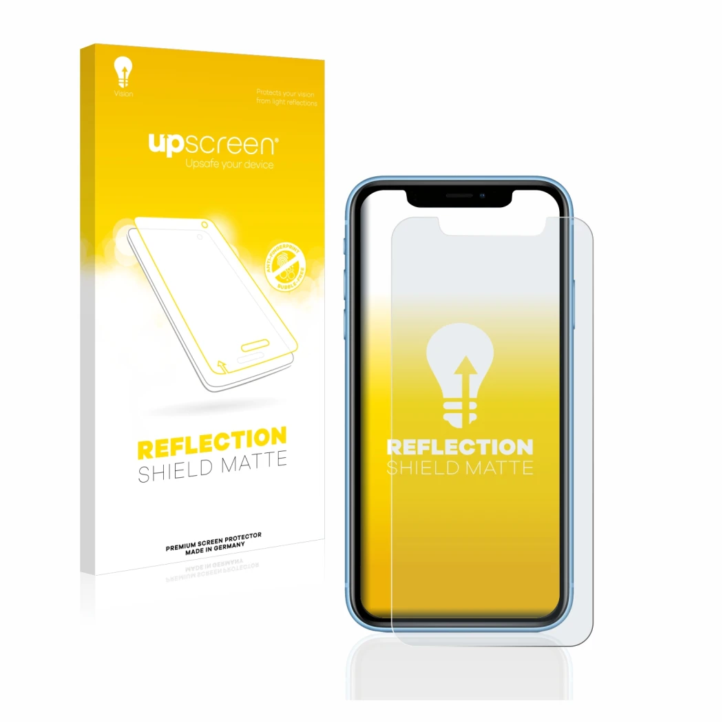 Parte frontale di una confezione del prodotto con il logo del marchio upscreen. Accanto è raffigurato il dispositivo Apple iPh