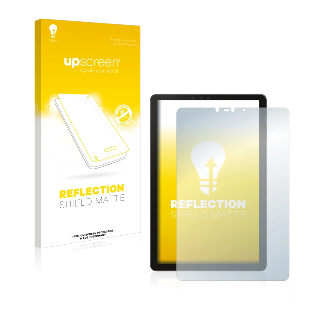 Parte frontale di una confezione del prodotto con il logo del marchio upscreen. Accanto è raffigurato il dispositivo Samsung G