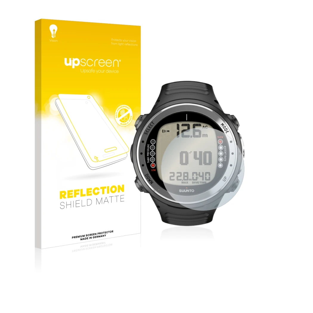 Parte frontale di una confezione del prodotto con il logo del marchio upscreen. Accanto è raffigurato il dispositivo Suunto D4
