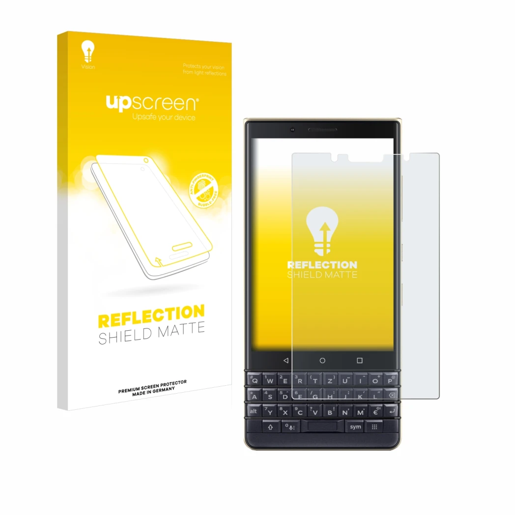 Parte frontale di una confezione del prodotto con il logo del marchio upscreen. Accanto è raffigurato il dispositivo BlackBerr