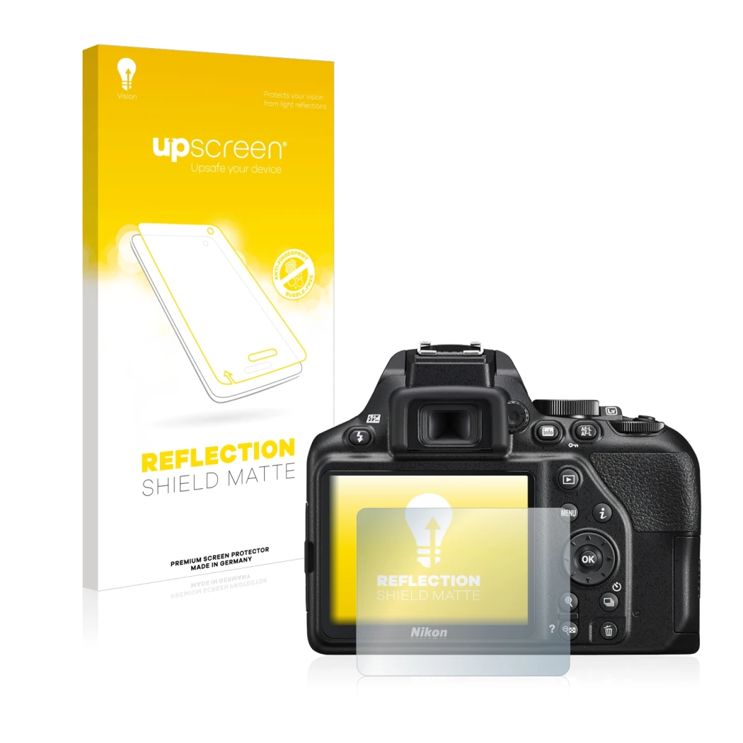 Parte frontale di una confezione del prodotto con il logo del marchio upscreen. Accanto è raffigurato il dispositivo Nikon D35