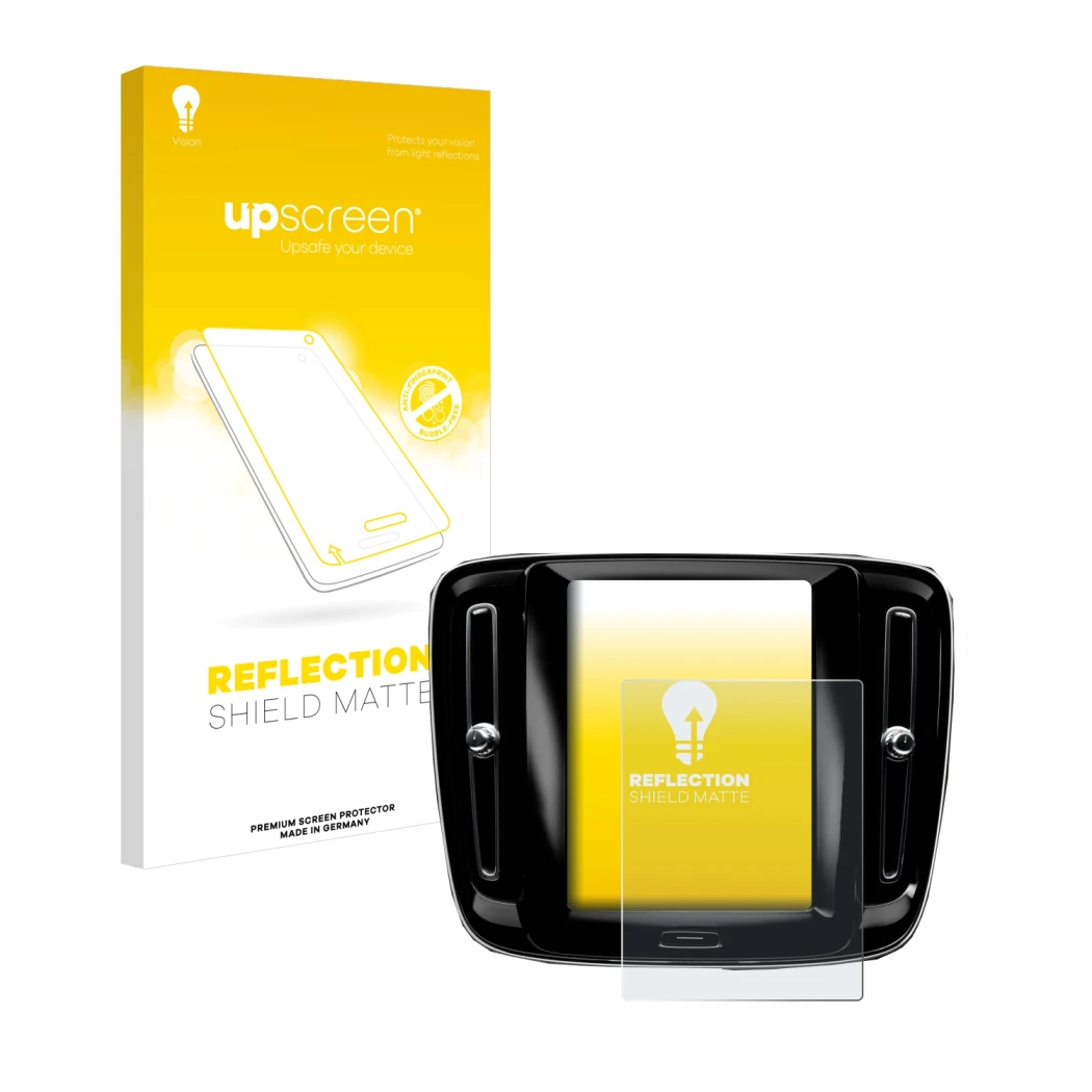 Parte frontale di una confezione del prodotto con il logo del marchio upscreen. Accanto è raffigurato il dispositivo Volvo XC4