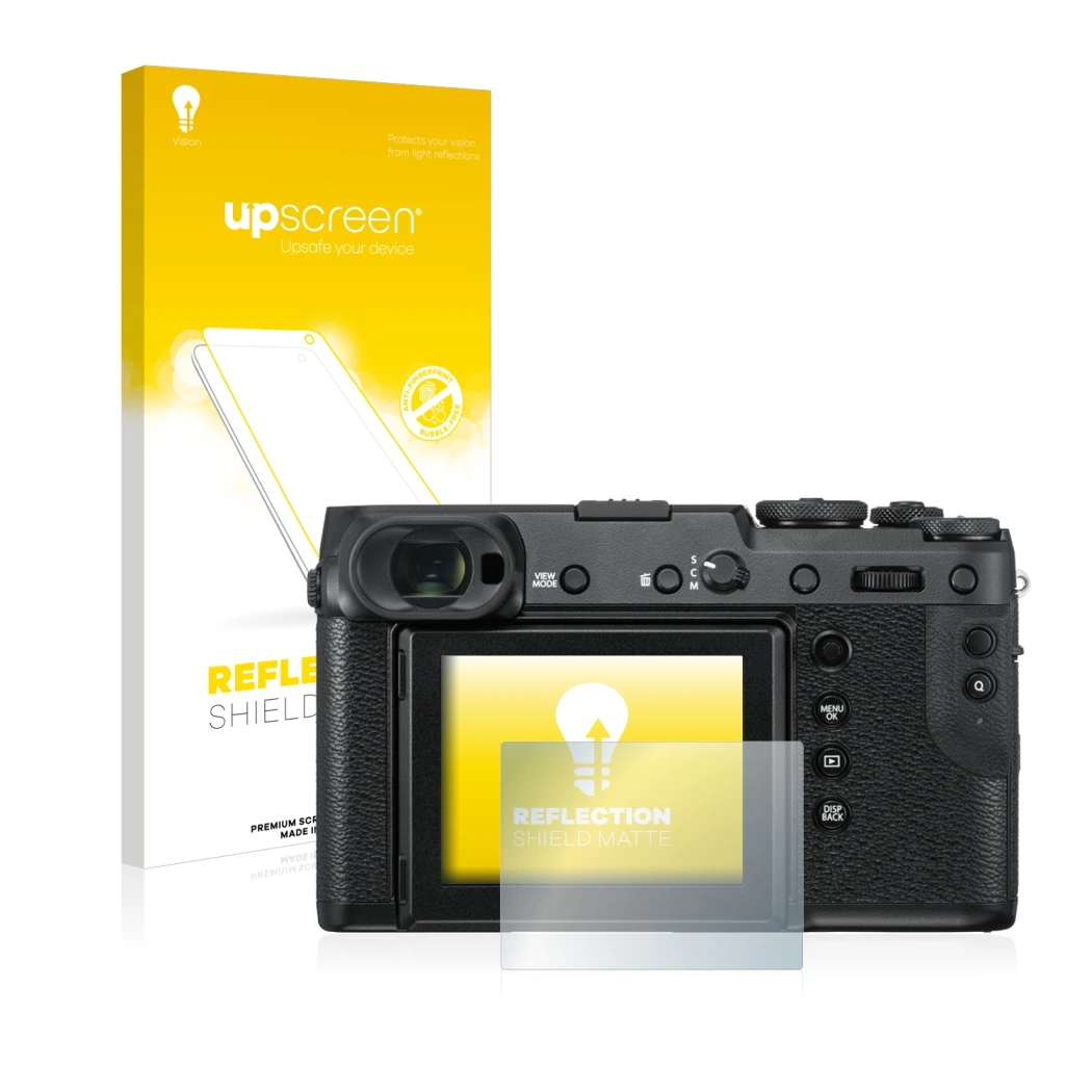 Parte frontale di una confezione del prodotto con il logo del marchio upscreen. Accanto è raffigurato il dispositivo Fujifilm 