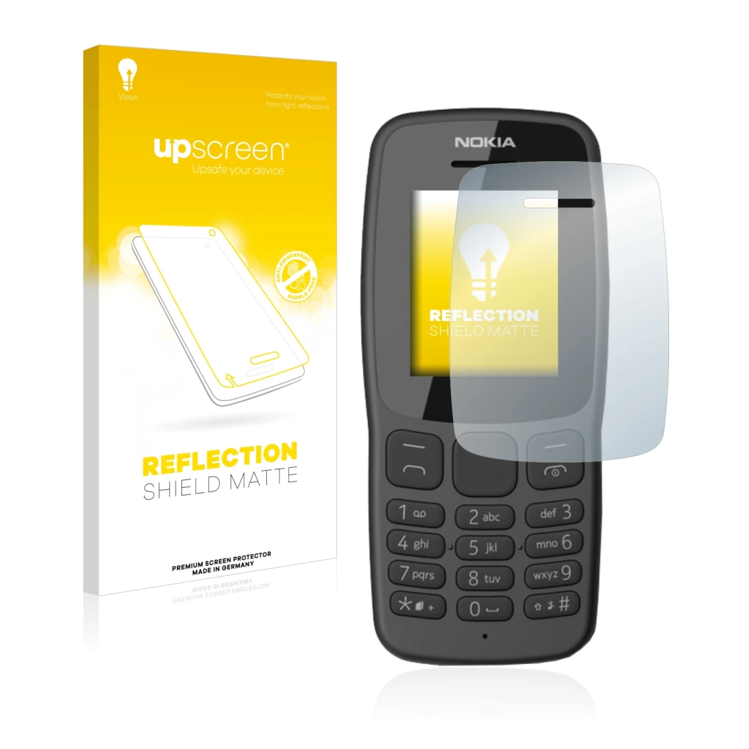 Parte frontale di una confezione del prodotto con il logo del marchio upscreen. Accanto è raffigurato il dispositivo Nokia 106