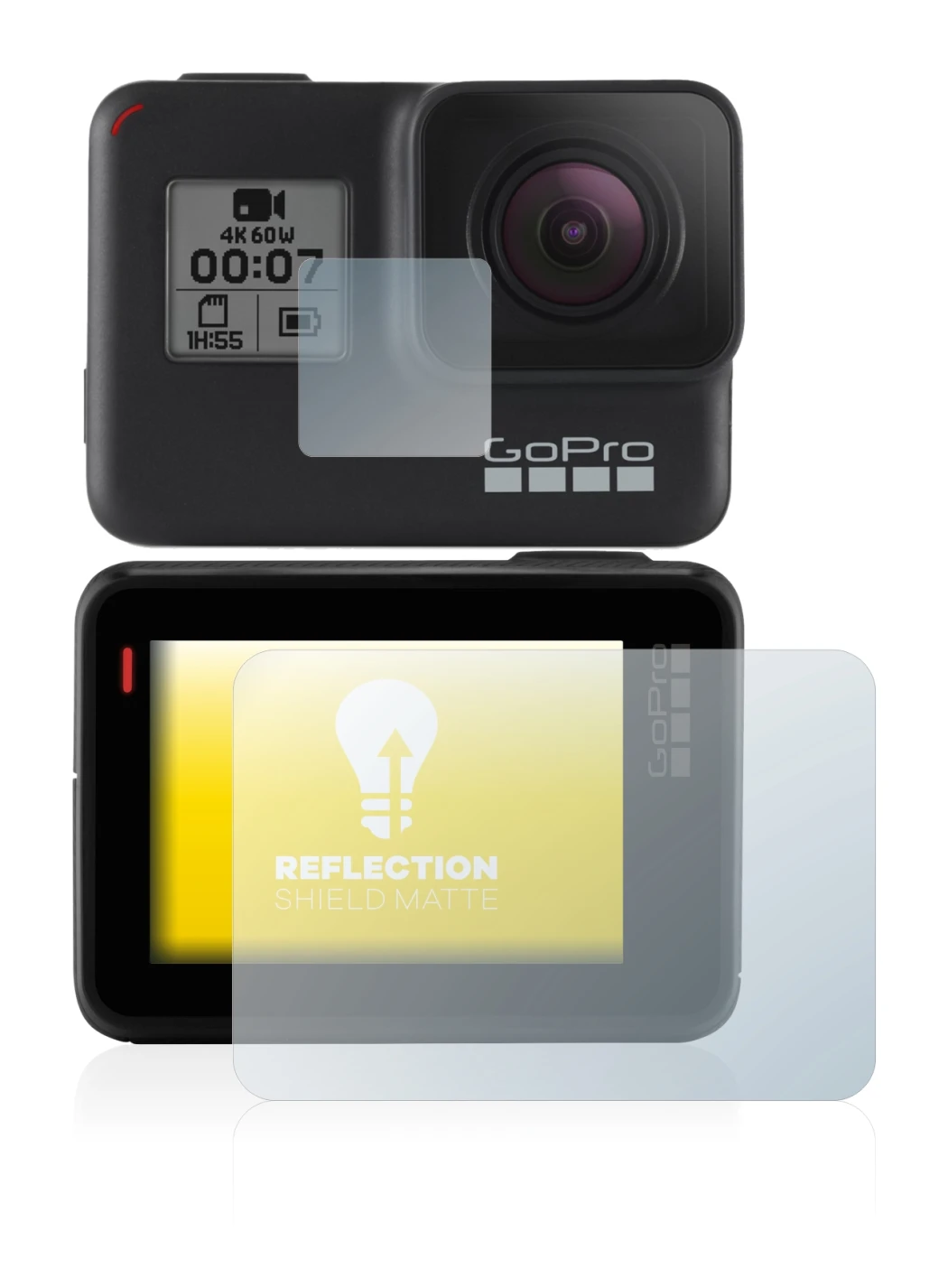 Immagine del dispositivo GoPro Hero 7 Black con un'ampia varietà di protezioni per lo schermo.