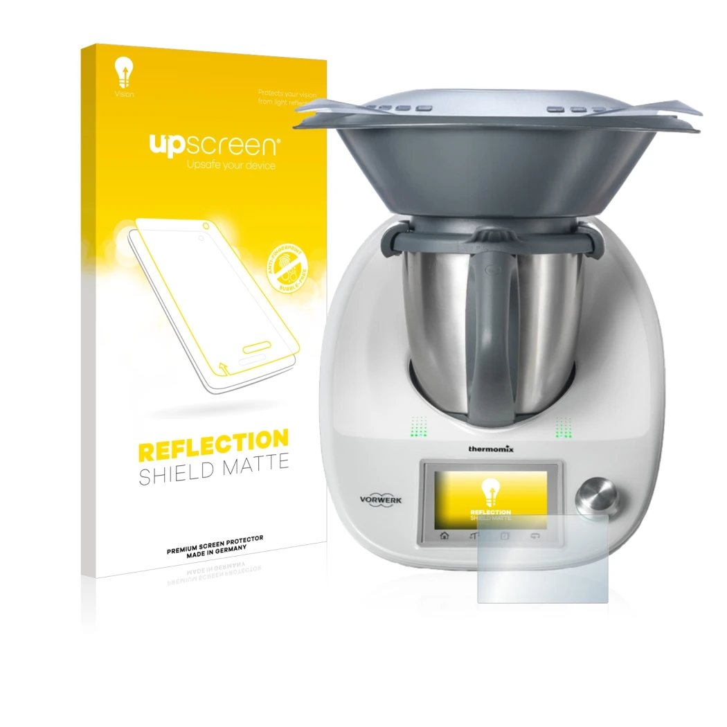 Parte frontale di una confezione del prodotto con il logo del marchio upscreen. Accanto è raffigurato il dispositivo Vorwerk B