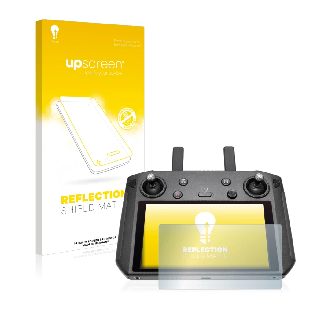 Parte frontale di una confezione del prodotto con il logo del marchio upscreen. Accanto è raffigurato il dispositivo DJI Smart